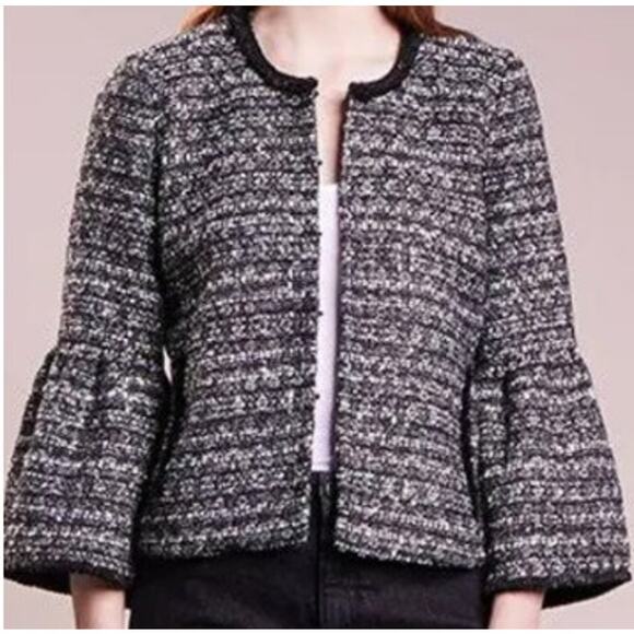 NWT J. CREW JACKET LADY BLACK SEQUIN TWEED CROP BELL SLEEVE FRINGE METALLIC - Picture 1 of 16